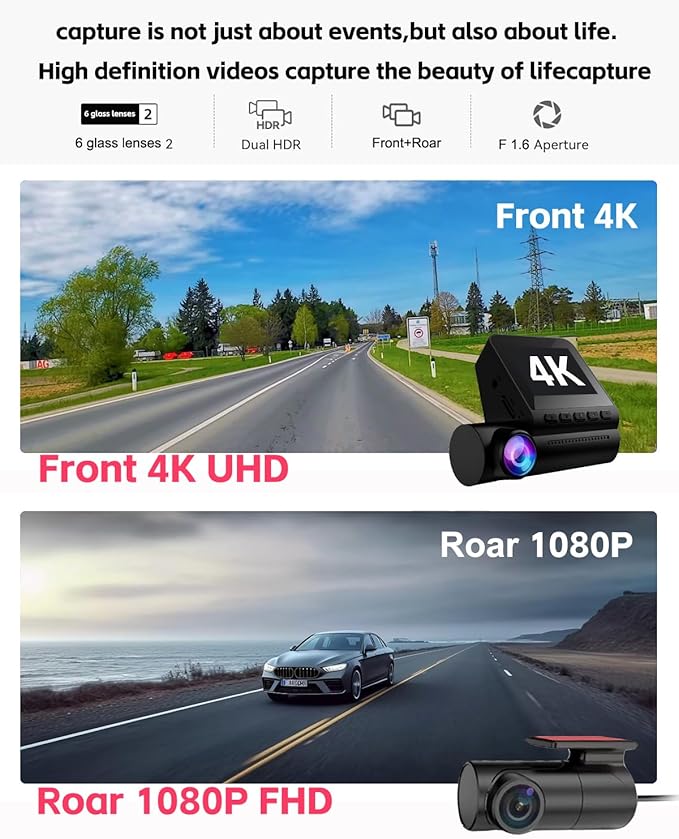 Dash Cam Front and Rear, 4K+1080P dashcam Front and Rear Camera, Dash Camera for Cars, with Night Vision, Free 64GB Card, G-Sensor, Built-in Wi-Fi GPS,Loop Recording,24H Parking Monitor - Image 2