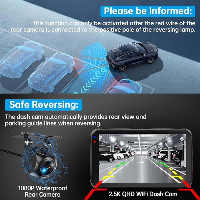 Dash Cam Front and Rear, Dash Camera for Cars WiFi/APP Control Dual Dashcam W/ 64GB Card, 2.5K Dash Cam Front+1080P Rear Car Camera W/Super Night Vision, Loop Recording, G-Sensor, Max Support 256GB - Image 2