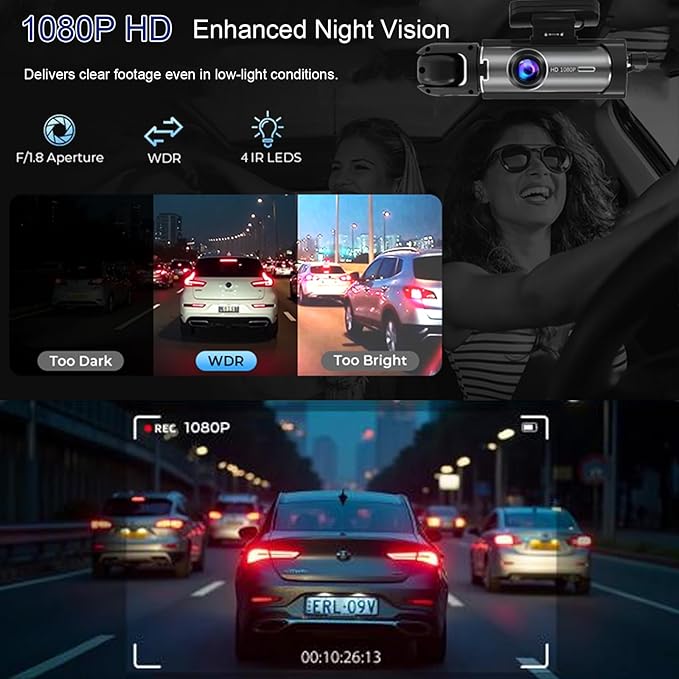 Dash Cam Front and Inside, 1080P Dual Dash Cam for Car, 3.16 Inch IPS Screen Driving Recorder with IR Night Vision, Loop Recording, Wide Angle Lens, 24H Parking Traffic Recorder - Image 5