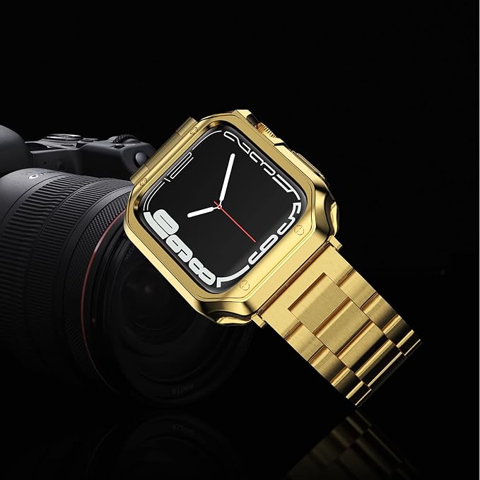 Compatible with Apple Watch Band and Case, Stainless Steel Metal Chain with TPU Cover, Smart-Watch Link Bracelet Strap, Wrist-Band for i-Watch Series 10 11, 42mm, Gold - Image 8