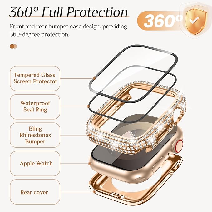 Goton 41mm Waterproof Bling Case for Apple Watch Screen Protector Series 9/8/7 41 mm, Sparkling PC Front Bumper & Hollow Back for iWatch Cover, Splash-Resistant, Easy Install - Image 5