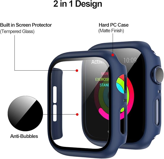 4 Pack Hard PC Case Compatible with Apple Watch Series 9/8/7 45mm, Case with Tempered Glass Screen Protector Bubble-Free Cover for iWatch 9/8/7 Accessories, (Black+Blue+Silver+Clear, 45mm) - Image 3