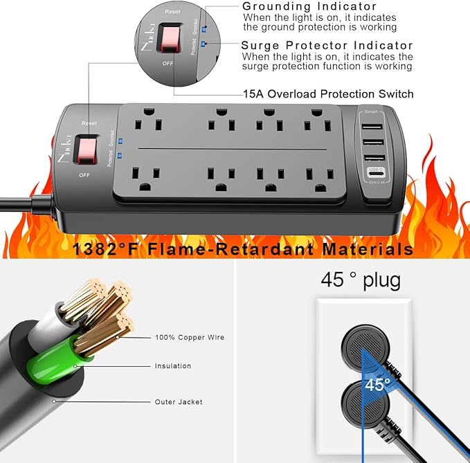 Surge Protector Power Strip - Nuetsa Flat Plug Extension Cord with 8 Outlets and 4 USB Ports, 15 Feet Power Cord (1625W/13A), 2700 Joules, ETL Listed, Black - Image 5