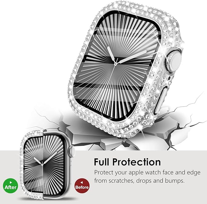 KADES Compatible with Apple Watch Series 3 2 1 with Built-in Tempered Glass Screen Protector Bling Crystal Diamond Rhinestone Full Protective Bumper Cover for Women (38mm,Silver) - Image 5