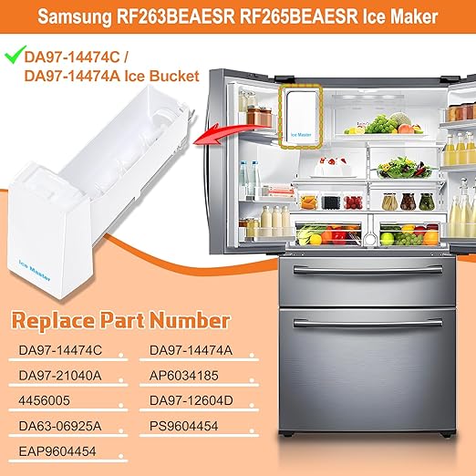 Upgraded RF28HMEDBSR RF263BEAESR RF265BEAESR RF26J7500SR Ice Maker DA97-14474C Refrigerator Ice Bin Replacement Compatible with Samsung Ice Maker Replacement DA97-14474A Ice Tray Ice Bucket Assembly - Image 3