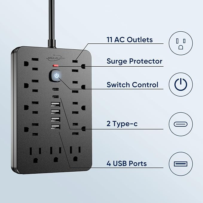 JouleLoom 15 FT Flat Plug Surge Protector Power Strip,11 Multiple AC Outlets with 6 USB Ports (2 USB C), 15 Feet Extension Cord, 1250W/10A, One Touch Switch Button, 17 in 1 Compact powerstrip - Image 4