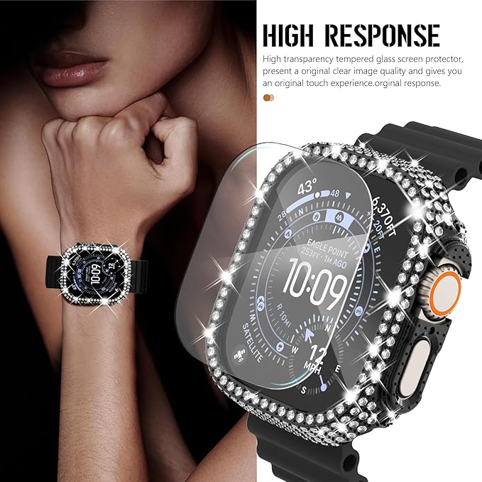 [2+1] Surace Compatible with Apple Watch Ultra 49mm Screen Protector Case, 400 Diamonds with Screen Protector Bling Case Tempered Glass Protective Cover for Apple Watch Ultra 49mm, Black - Image 4