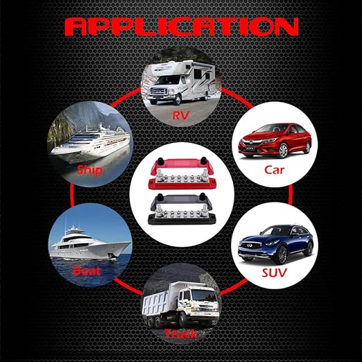 Ampper Power Distribution Block Bus Bar 12V, 2 x M10 (3/8") Studs & 12 x M4 (#8) Screws, 6.3" 300A Marine BusBar Battery Distribution Block W/Cover for Car Boat Solar (Black) - Image 6