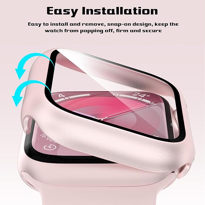 2 Pack Hard Case for Apple Watch Series 9 Series 8/7 45mm Screen Protector, Tempered Glass Bumper Anti-Scratch HD Ultra-Thin Protective Face Cover for iWatch Series 9/8/7 45mm, Original Pink - Image 3