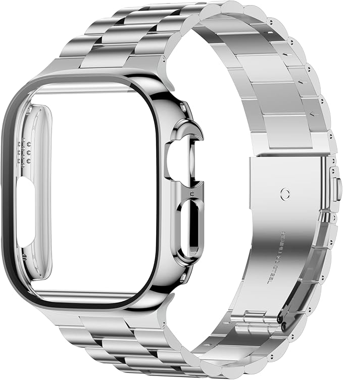 iiteeology Compatible with Apple Watch Band Ultra 3 Ultra 2 Ultra, Upgraded Stainless Steel Band with iWatch Screen Protector Case for Men Silver/Silver by iitee