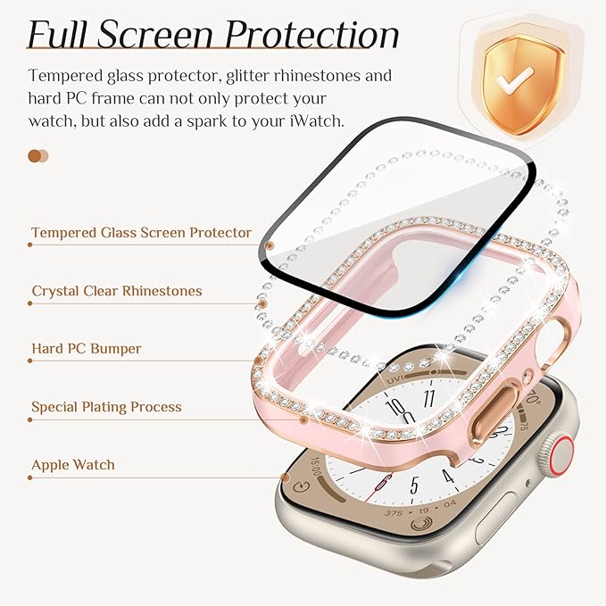 Goton 2-Pack Bling Case for Apple Watch Series 9 8 7 Screen Protector 45mm, Women Diamond Rhinestone Bumper Glass Face Cover for iWatch Accessories 45 mm - Image 5