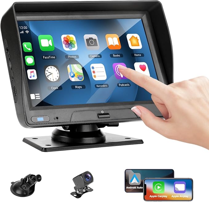 EVERSECU 7 Inch Touch Screen Car Stereo & Backup Camera, Apple CarPlay & Android Auto, Portable Car Radio with Bluetooth Hands-Free/Mirror Link/Maps Navigation/Voice Control/AUX, for Truck, SUV by EVERSECU