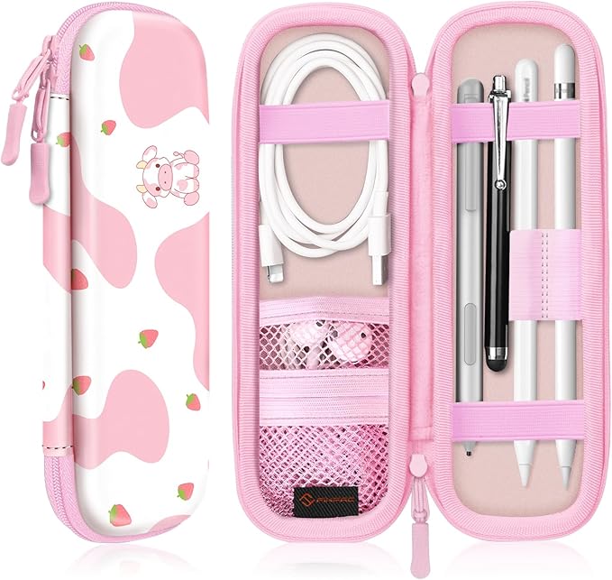 Fintie Holder Case for Apple Pencil Pro, Apple Pencil (USB-C / 1st / 2nd Generation), PU Leather Carrying Bag Sleeve Compatible with Pen, USB Cable, Samsung Stylus, Strawberry Cow by Fintie