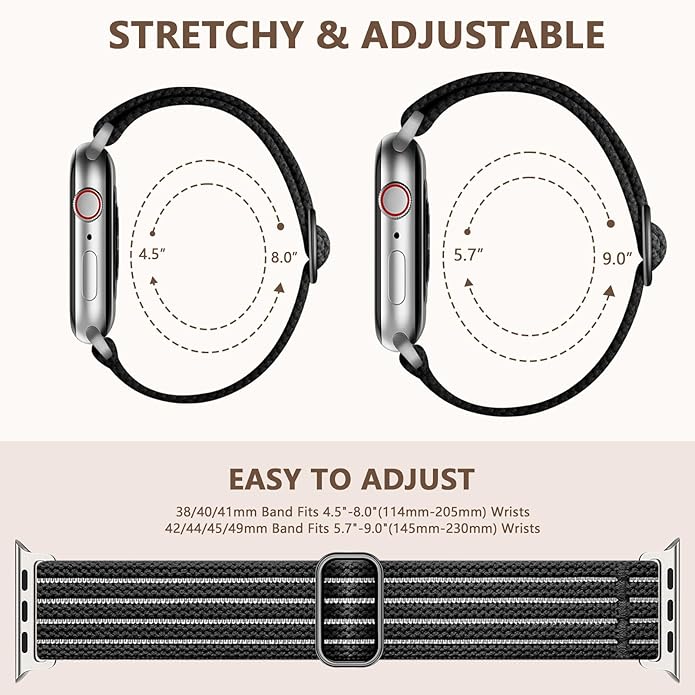 Braided Stretchy Band Compatible with Apple Watch Bands 38mm 40mm 41mm 42mm 44mm 45mm 46mm 49mm for Women Men, Adjustable Nylon Solo Loop Elastic Straps for iWatch Series 10 9 8 7 6 5 4 3 2 1 SE Ultra - Image 7