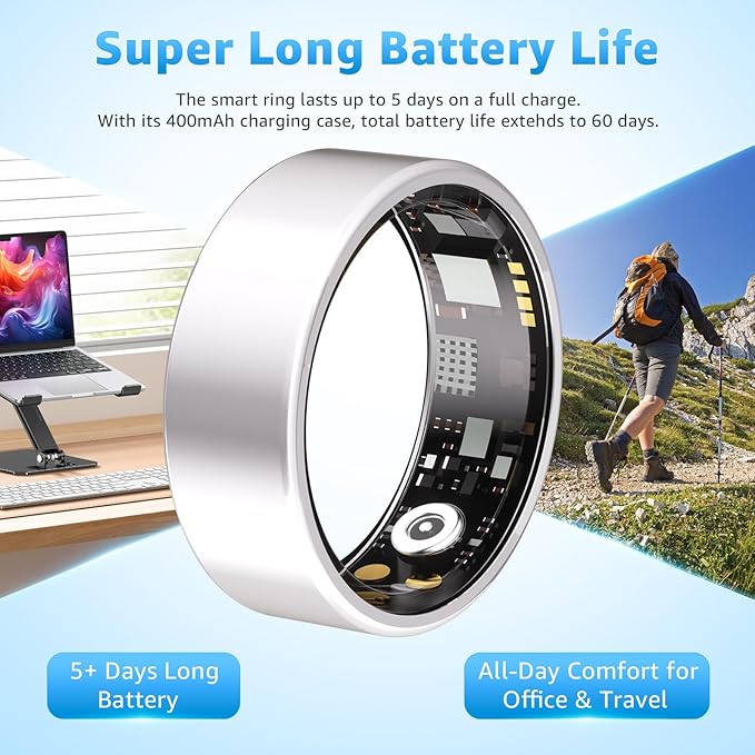 Smart Ring Health Tracker for Women & Men, Fitness Ring with Heart Rate Blood Oxygen, Sleep monitor, Step Tracker, IP68 Waterproof Compatible with iOS & Android, No Subscription Fee (Silver, 13) - Image 5