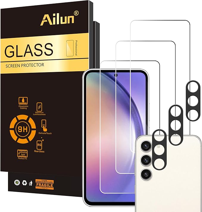 Ailun 3 Pack Glass Screen Protector for Galaxy A54 5G[6.4 inch] + 3 Pack Camera Lens Protector, 0.33mm Ultra Clear Anti-Scratch Case Friendly by Ailun