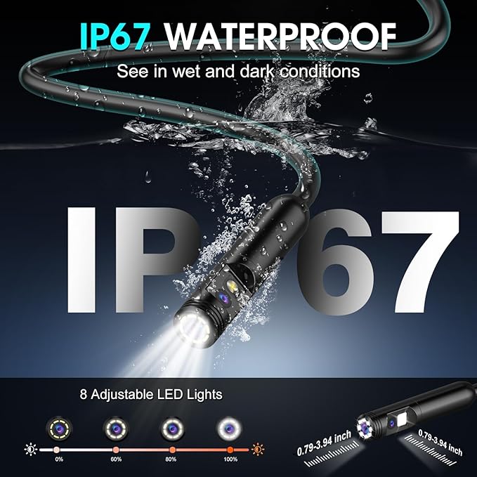 Dual Lens Endoscope Camera with Light, 1920P HD Industrial Borescope with 4.3" LCD, IP67 Waterproof Inspection Camera, 16.4FT Semi-Rigid Cable, 8 LED Lights 32GB Card, for Sewer Pipe Car Repair(Black) - Image 4