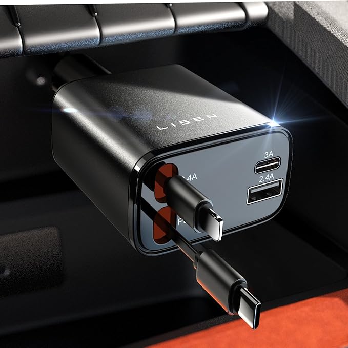 LISEN Retractable Car Charger Adapter for iPhone 17,4 in 1 Fast Charging Car Phone Charger,69W USB C Car Truck Accessories,Road Trip Essentials Gift for Men Women for iPhone 17 Pro Max/16/15/14/13/12 by Lisen