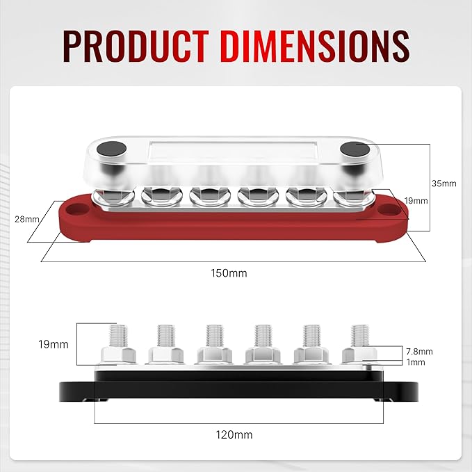 RVMARINEPAT 12V Bus Bar 250A Power Distribution Block, 12 Volt Busbars 6 x 5/16" (M8) Terminal Studs Positive & Negative for Car, Marine, Solar Systems - Image 2