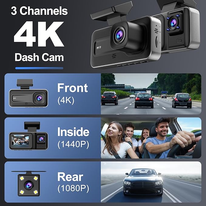 3 Channel 4K Dash Cam with 5GHz WiFi & APP Control, 4K+1080P+1440P Dash Cam Front and Rear Inside with 64GB Card, Dash Camera for Cars with Night Vision, Loop Recording, 24H Parking Mode, G-Sensor - Image 2
