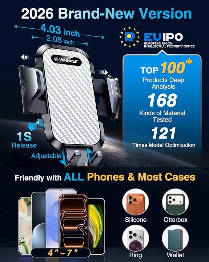 VANMASS Phone Holders for Your Car Ultimate Military-Grade Car Phone Holder Mount【Patent & Safety Certs】Upgraded Shockproof Truck Air Vent Phone Mount for iPhone 17 Pro Max 16 Samsung Android,Silvery - Image 3