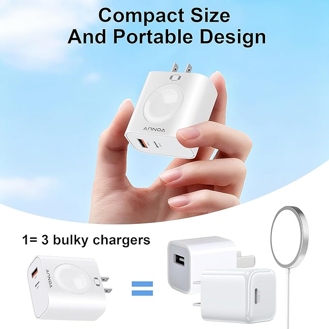3-in-1 Adapter for Apple Watch, 20W USB C Fast Charging Block with Dual Ports & Magnetic Wireless Adapter, Portable Travel Wall Plug for iWatch Ultra/SE/11/10/9/8/7, iPhone 17/16/15/14, AirPods - Image 5