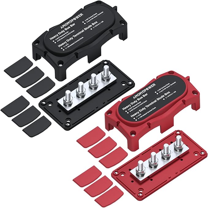 2Pcs 300A Busbar 12-48V DC Heavy Duty Copper Power Distribution Block 4 X M8 (5/16") Terminals Studs 8 Srews with Waterproof Cover Battery Bus Bar for Automotive RV Marine Truck(Black&Red) by Ambuker