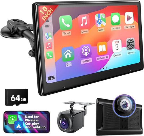 10" Touch Screen for Car, Used for Wireless Apple Carplay Android Auto MirrorLink, Portable Car Stereo with Bluetooth 2K Front Dashcam, 1080P Rear Dashcam Backup Camera by Unknown