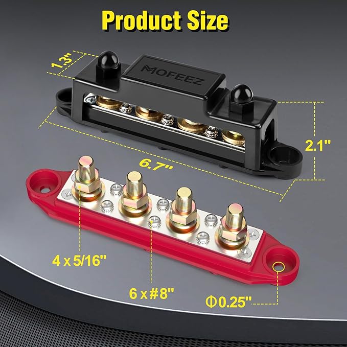 MOFEEZ Power Distribution Block Bus Bar, 4 x 5/16" Posts, 6 x #8 Screws Terminals, Max 48V 250A (Pair, Red & Black) - Image 2
