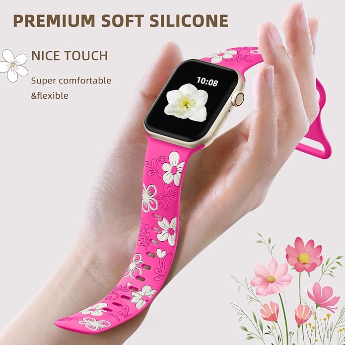 Witzon Floral Band Compatible with Apple Watch Bands For Women 40mm 41mm 38mm 42mm 44mm 45mm 46mm 49mm, Engraved Cute Flower Silicone Dressy Strap for iWatch Series 11 10 9 8 7 6 5 4 3 2 SE Ultra - Image 3
