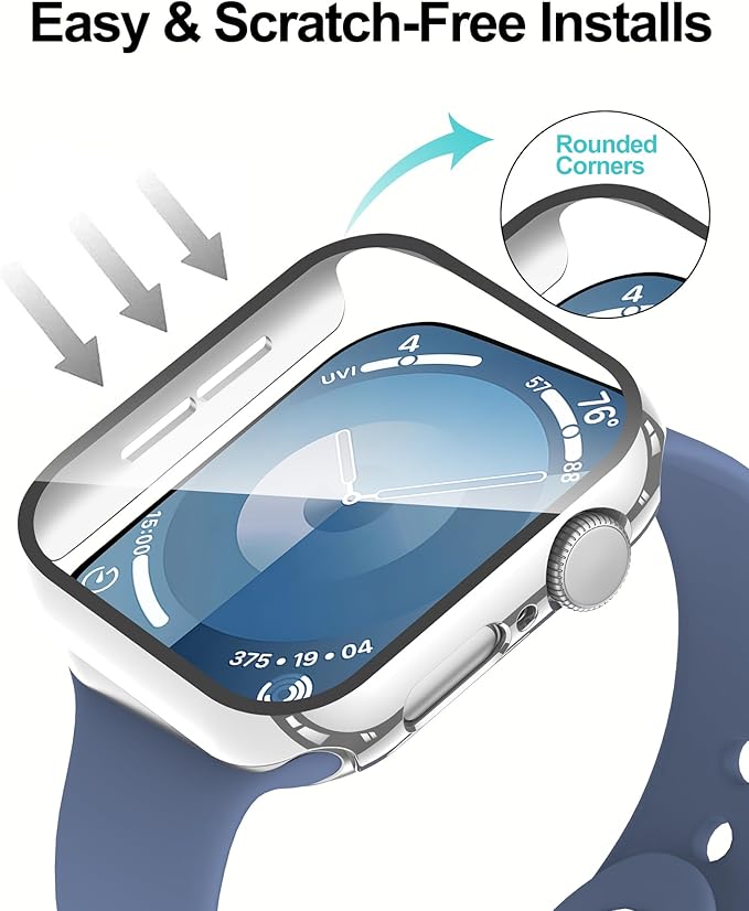 Smiling 2 Pack Case Compatible with Apple Watch SE 3 (2025)/ SE 2/ SE/Series 6/5/4 44mm with Tempered Glass Screen Protector, Hard PC Case Overall Protective Cover- 1 Black + 1 Silver - Image 4
