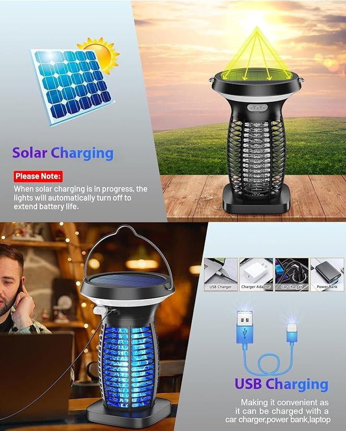 Solar Bug Zapper Outdoor Waterproof, Portable & Rechargeable Bug Zapper with Panel Sensor & LED Night Light Mosquitoes Zapper, Electric Fly Zapper for Home, Patio, Backyard, Camping - Image 2