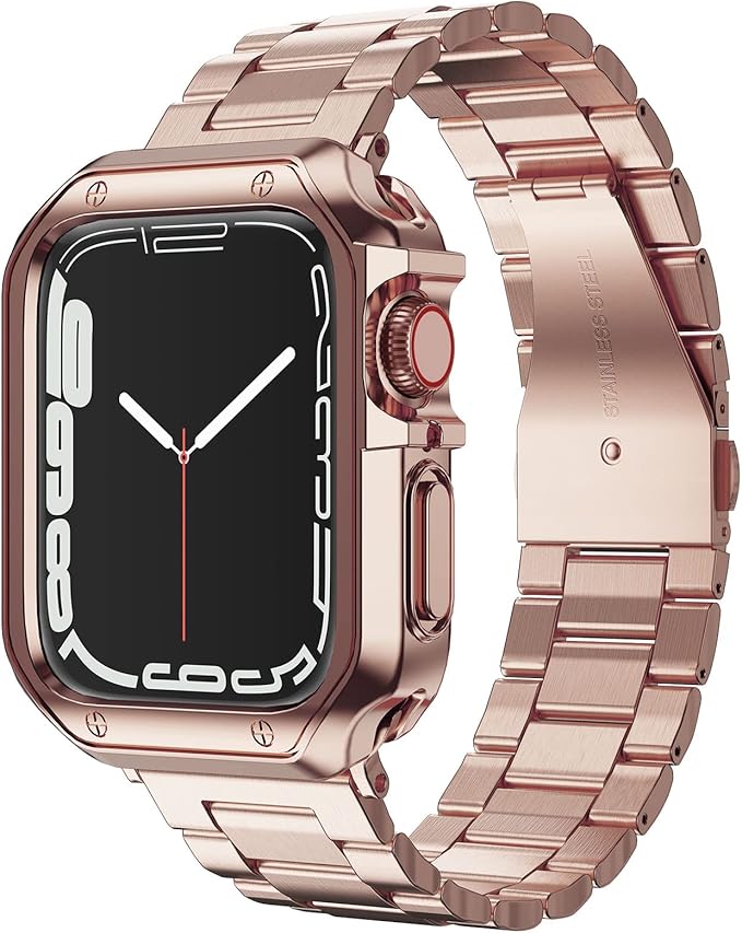 Designed for Apple Watch Band and Case, Stainless Steel Metal Chain with TPU Cover, Smart-Watch Link Bracelet Strap, Wrist-Band for i-Watch Series 9 8 7 6 5 4 3 2 1 SE, 45mm 44mm 42mm, Rose-Gold by MRYUESG