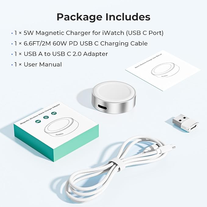 Basesailor Magnetic Charger Adapter for Apple Watch 11 10,5W USB C Wireless Charger Dock,Multi Charging Kit with Type C Cable & USB A Converter for iWatch Series 9 8 7 SE Ultra,42 46 44mm - Image 7