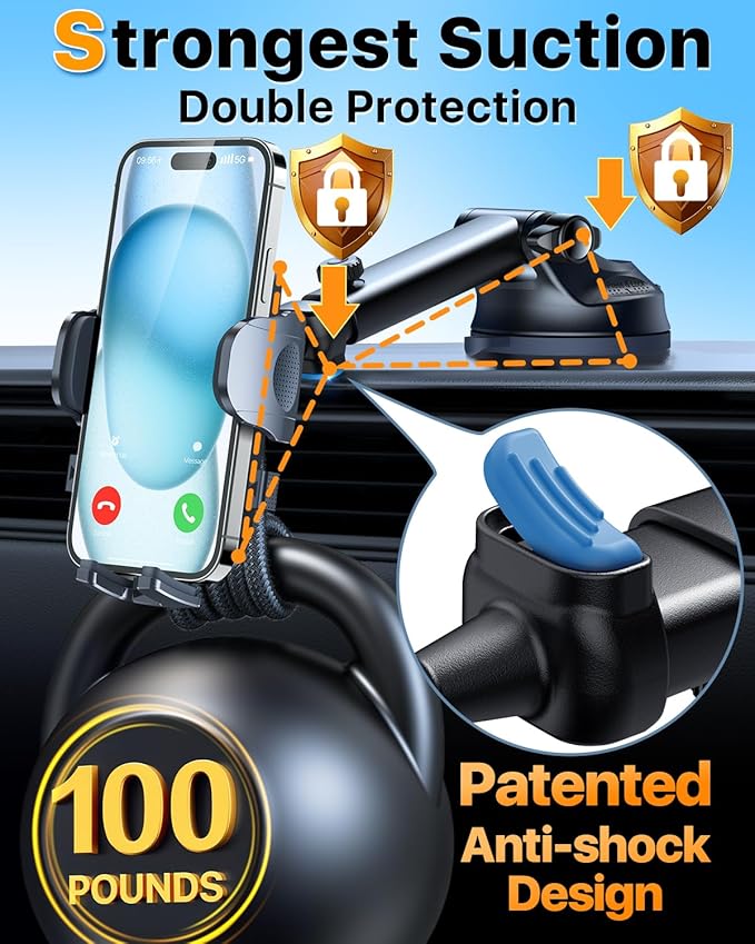 HTU 2026 Ultimate Best【True Military-Grade & Safety Cert】Car Phone Holder【Upgraded 360 Rotation & 100+LBS Strongest Suction】5-in-1 Truck Windshield Dashboard Vent Mount Stand for iPhone Android, Blue - Image 3