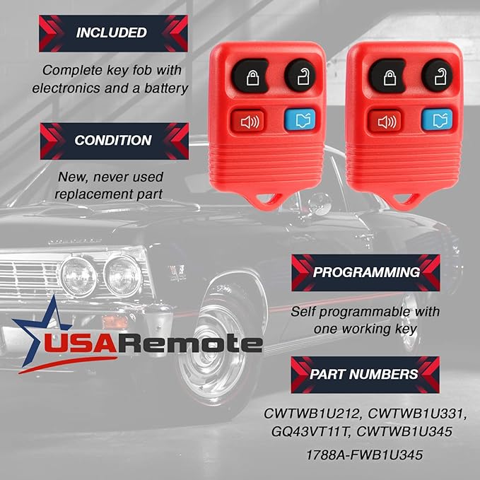 Key Fob Keyless Entry Remote fits Ford, Lincoln, Mercury, Mazda Mustang (Red), Set of 2 - Image 3