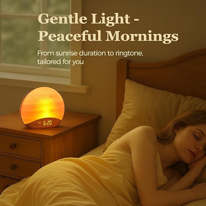 REACHER Sunrise Alarm Clock with Bluetooth Speaker & FM Radio, Gradual Wake Up Light, Digital Dimmable Clock, Bedroom Lamps, 8 Color Night Lights, Home Decor, Wood Clock for Adult, Kid - Image 3