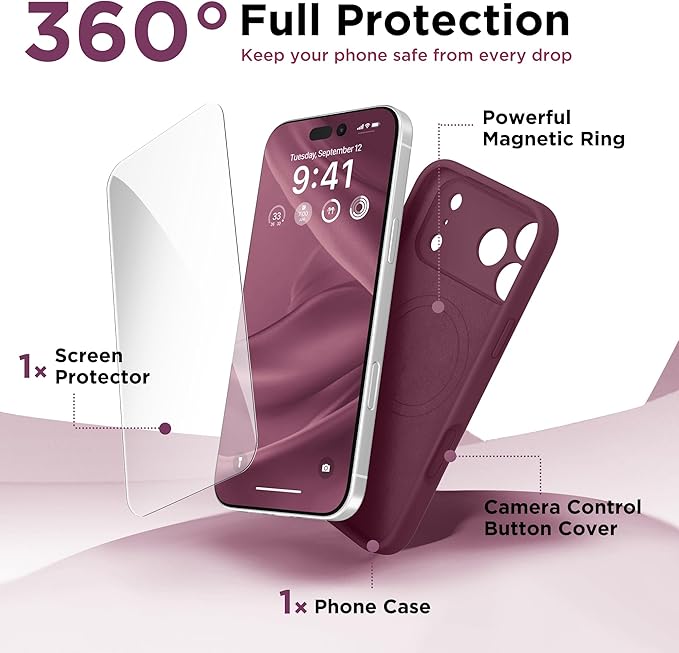 GolbinBox Magnetic for iPhone 17 Pro Max Case, Compatible with MagSafe, [Full Camera Protection] [Screen Protector], Silicone Shockproof Phone Cover with Anti-Scratch Microfiber Lining, Wine Red - Image 7