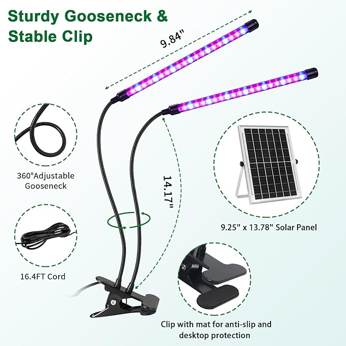 Solar Grow Lights with Batteries, 2 Heads Clip Plant Growing Lamp with Red Blue Spectrum for Indoor Plants, 3/9/12H Timer, 3 Dimmable Level, Adjustable Gooseneck,3 Switch Modes, Auto On Off - Image 6
