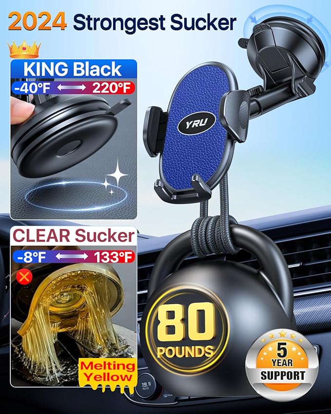 YRU Upgraded Universal Car Phone Holder Mount【360°Rotatable & Strong Suction】 Cell Phone Car Dashboard Windshield Phone Holder Dash Vent Stand for iPhone 17 16 Pro Max Samsung Truck, Light Blue - Image 5
