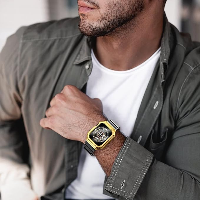 SUPLINK Metal Case and TPU Band Compatible for Apple Watch SE Band 44mm, Stainless Steel Rugged Protective Apple Watch Case 44mm Replacement Strap for iWatch Series 6 SE 5 4 Men (Gold) - Image 4