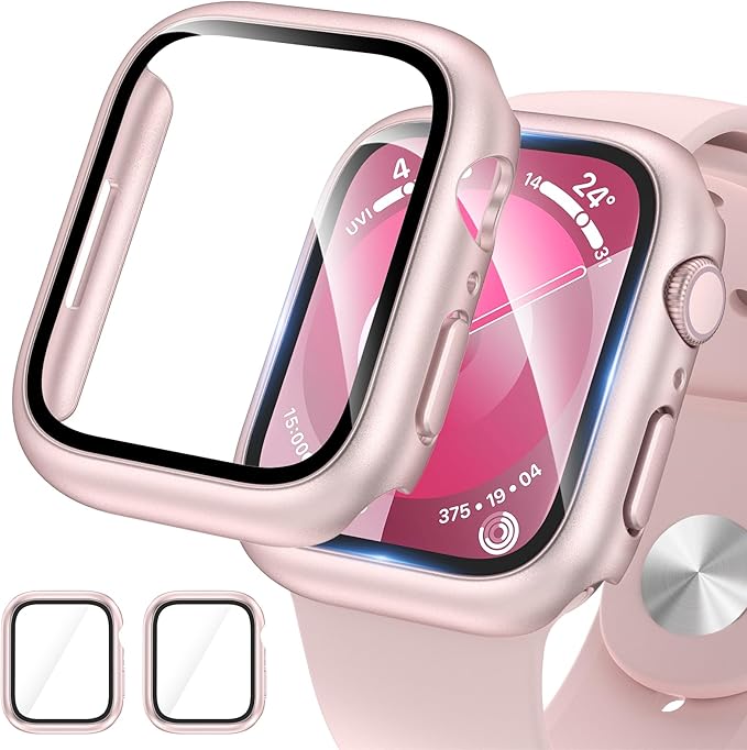 2 Pack Hard Case for Apple Watch Series 9 Series 8/7 45mm Screen Protector, Tempered Glass Bumper Anti-Scratch HD Ultra-Thin Protective Face Cover for iWatch Series 9/8/7 45mm, Original Pink by EWUONU