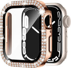 Adepoy Compatible for Apple Watch Case 38mm Series 3/2/1 with Tempered Glass Screen Protector, Double Bling Case Crystal Diamonds Rhinestone Bumper Overall Hard PC Protective Cover for iWatch 38mm by AdepoyAppleWatchAccessories