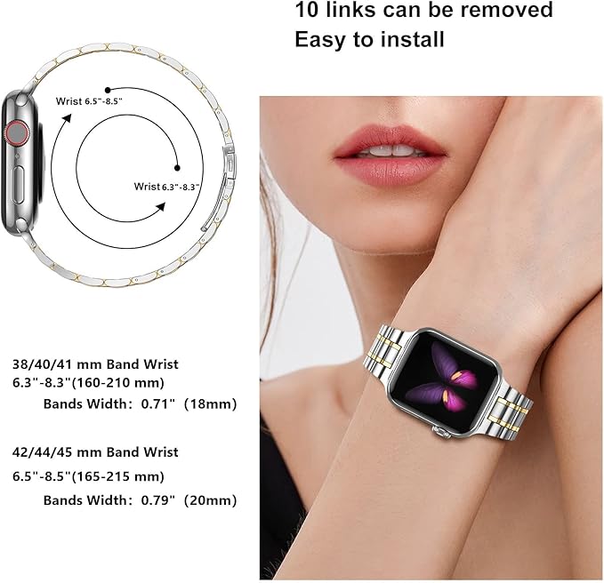 MioHHR Solid Stainless Steel Band Compatible with Apple Watch 46mm (Series 11 10), Metal Strap with Soft TPU Case for iWatch Series 11/10 46mm Women and Men, Silver/Gold - Image 5