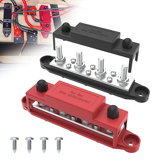 Upgraded Bus Bar 250A 12V Power Distribution Block with 5/16" (M8) 4-Posts Terminals Block with Cover for Automotive, Marine, Battery System (Black & Red) by UCkasayfy