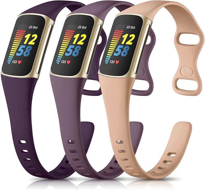 Maledan Slim Band Compatible with Fitbit Charge 5 Bands for Women Men, Durable Flexible Silicone Sport Wristband for Fitbit Charge 5/Charge 6 Fitness Tracker, 3 Pack Milk Tea/Smoke Violet/Midnight by Maledan