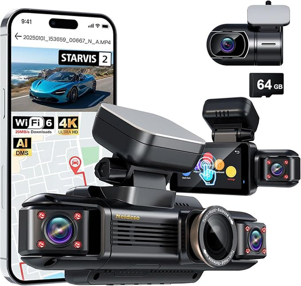 N300Pro 4K 4 Channel Dash Cam Front and Rear, STARVIS 2 Sensor, 3" Touch Screen, 5.8GHz WiFi GPS, 360° Car Dash Camera, AI Driver Monitor System, Free 64GB Card, WDR Night Vision HDR, 24H Parking Mode by NeidesoDashCam