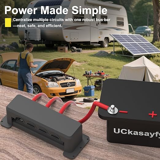 600A Bus Bar 12V Power Distribution Block with 3/8" (M10) 4-Posts Heavy Duty Terminals Block with Cover for Automotive, Marine, Battery System (Black) - Image 3