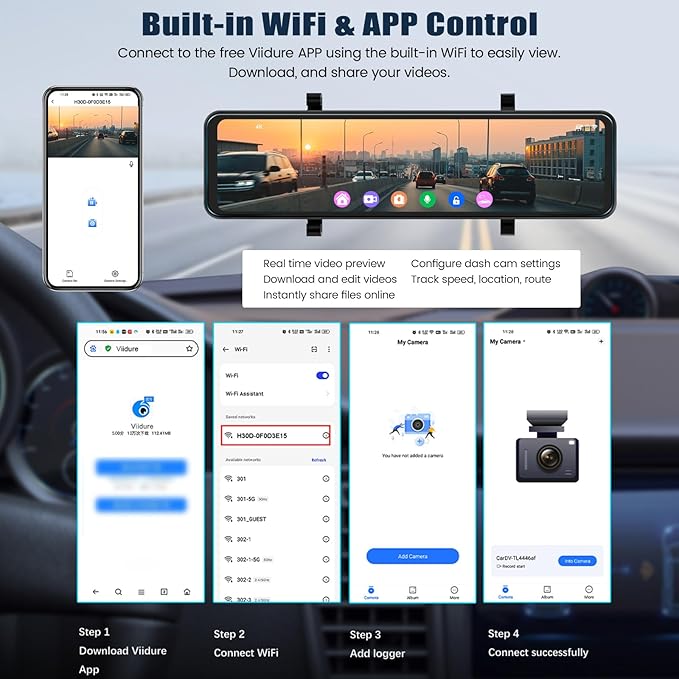 10.88 Inch Mirror Dash Cam,4K Touchscreen Rear View Mirror Front and Rear View Dual Cameras,Night Vision,G-Sensor,APP Control,Motion Detection,Loop Recording,Parking Assistance,Parking Monitor - Image 4