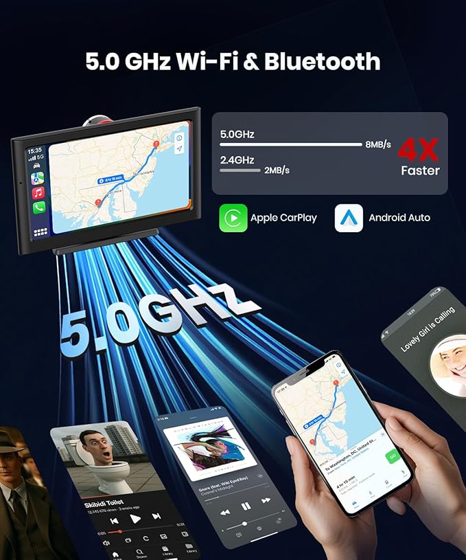Wireless Apple Carplay Screen for Car:Sunlight Readable 7.2" HD Touchscreen with Wireless Android Auto,Backup Camera,Portable Carplay with Voice Control,AUX,FM Transmitter for Most Vehicle - Image 4